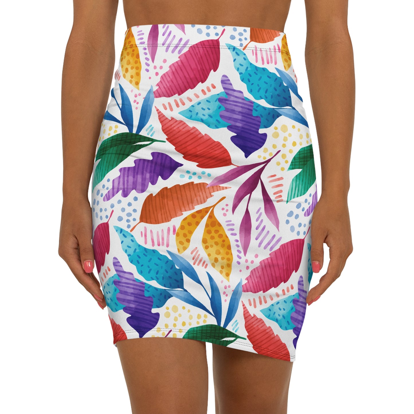 Vibrant Leaf Print Women's Mid-Waist Pencil Skirt, Tropical Skirt, Colorful Floral Skirt, Summer Fashion, Trendy Office Wear, Casual Chic