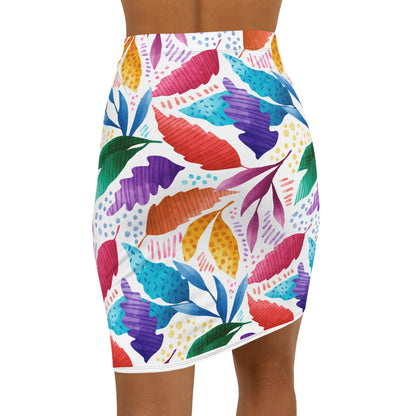 Vibrant Leaf Print Women's Mid-Waist Pencil Skirt, Tropical Skirt, Colorful Floral Skirt, Summer Fashion, Trendy Office Wear, Casual Chic