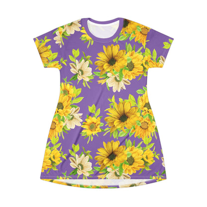 Sunflower Print T-Shirt Dress, Floral Summer Dress, Casual Day Dress, Boho Style Dress, Perfect for Beach, Picnic, Outdoor