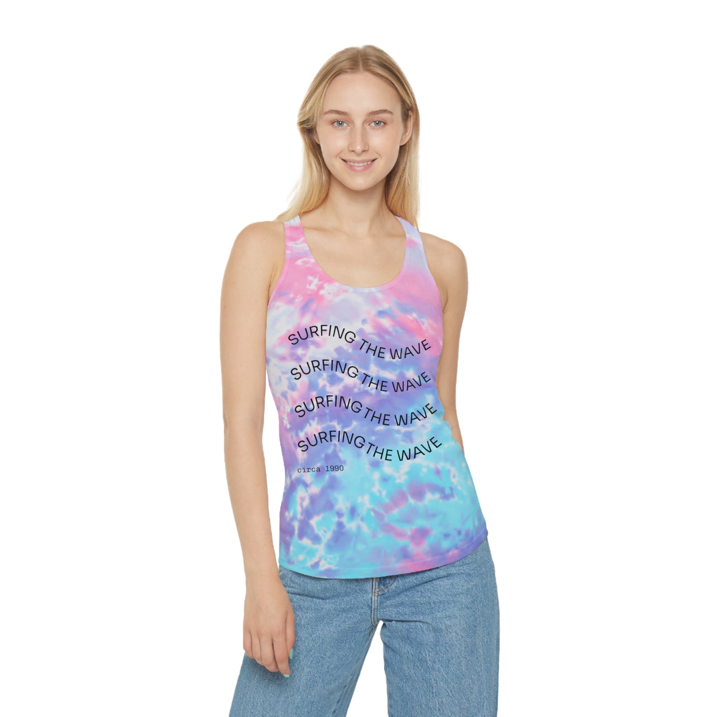 Surfing the Wave Tie Dye Racerback Tank Top, Summer Top, Beachwear, Festival Outfit, Workout Shirt, Gift for Surfers