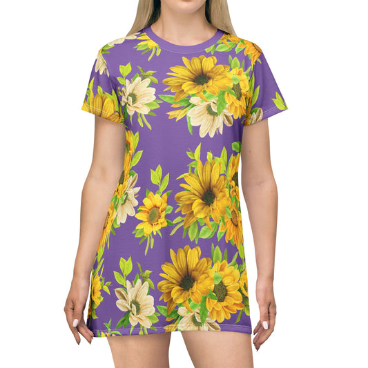 Sunflower Print T-Shirt Dress, Floral Summer Dress, Casual Day Dress, Boho Style Dress, Perfect for Beach, Picnic, Outdoor