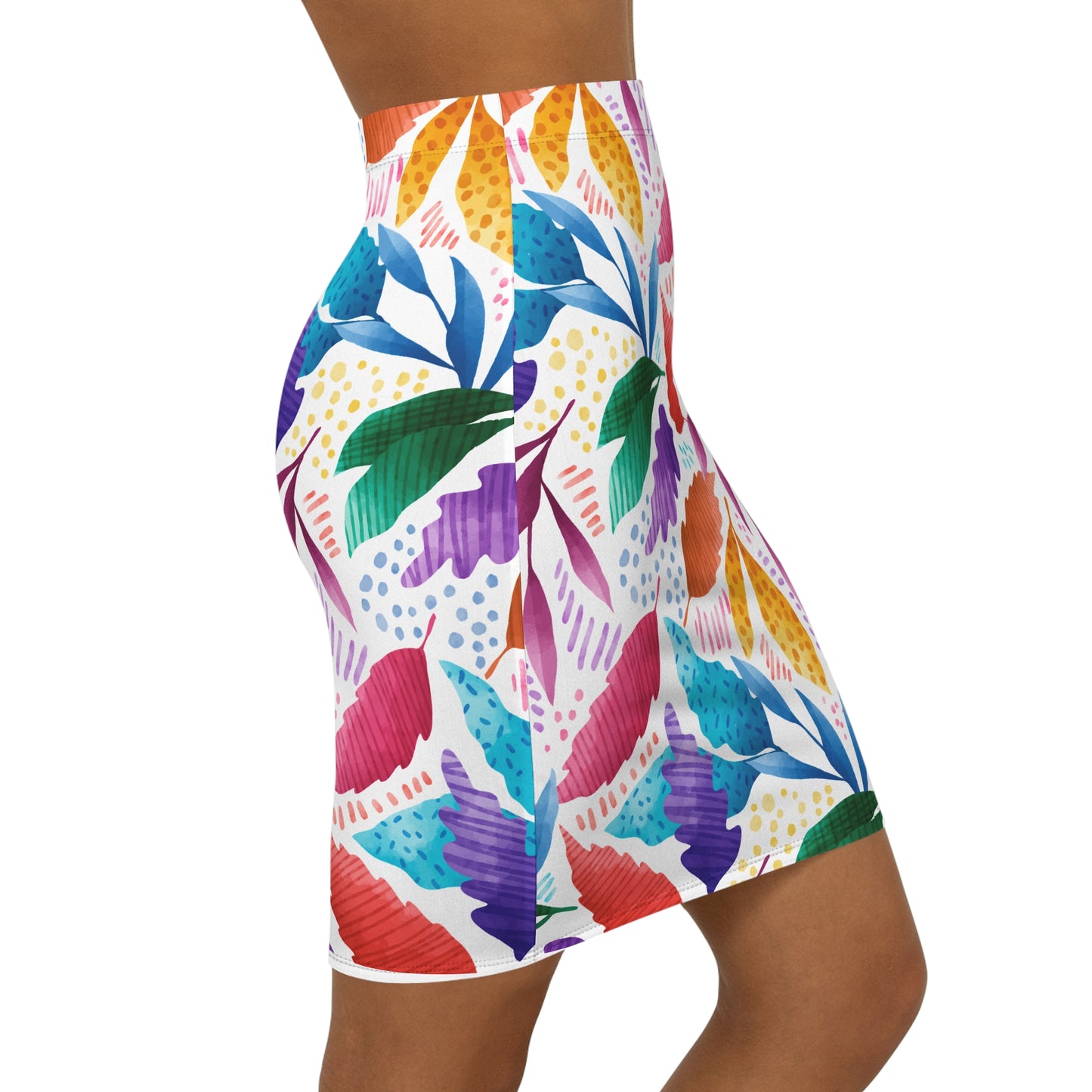 Vibrant Leaf Print Women's Mid-Waist Pencil Skirt, Tropical Skirt, Colorful Floral Skirt, Summer Fashion, Trendy Office Wear, Casual Chic