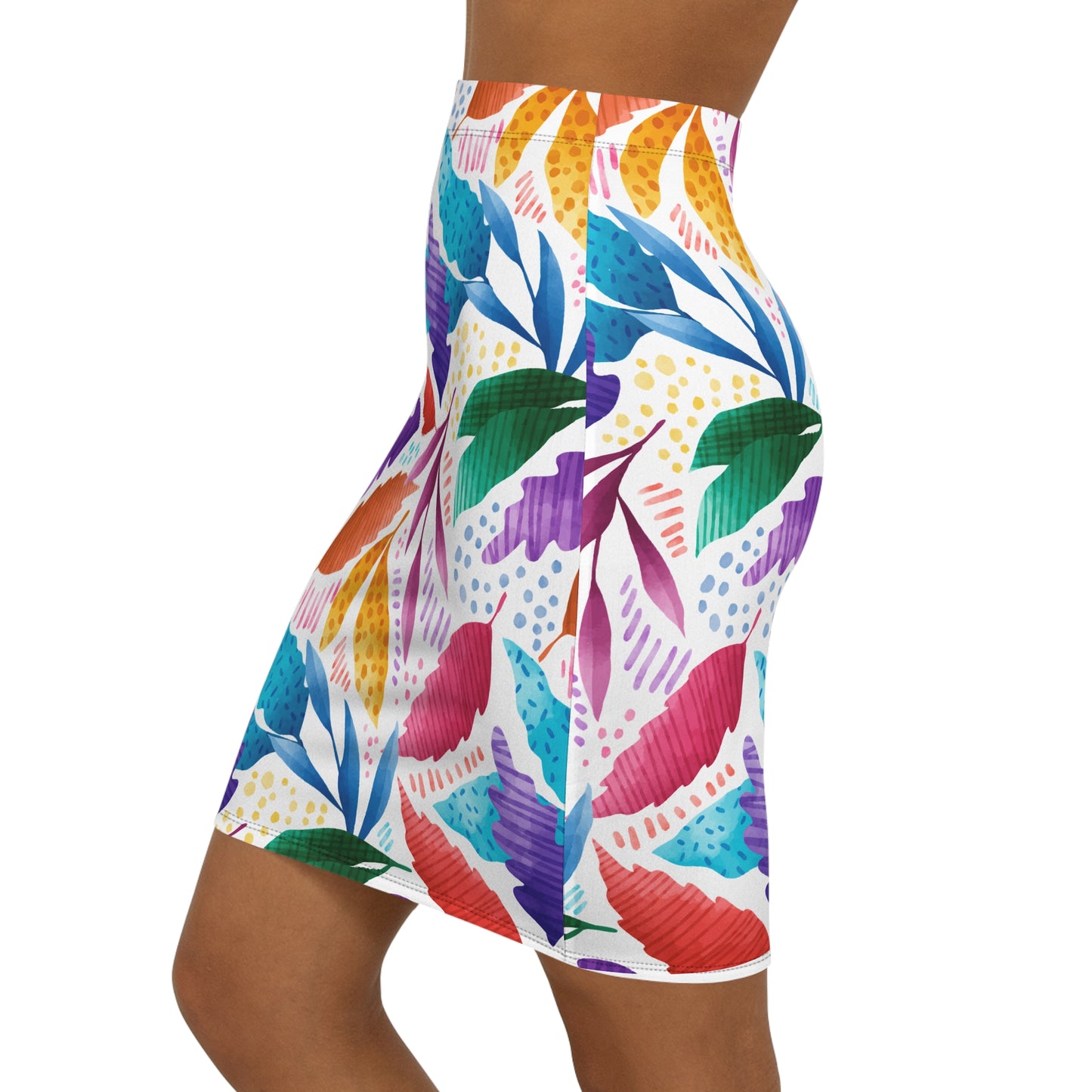 Vibrant Leaf Print Women's Mid-Waist Pencil Skirt, Tropical Skirt, Colorful Floral Skirt, Summer Fashion, Trendy Office Wear, Casual Chic